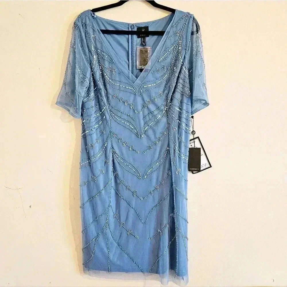 Adrianna Papell Light Blue Beaded V-Neck Sheath Dress